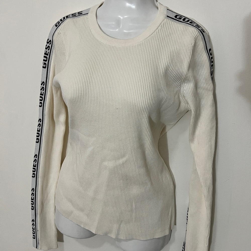 Guess Cream Fitted Sweatshirt with Ribbed Sleeves